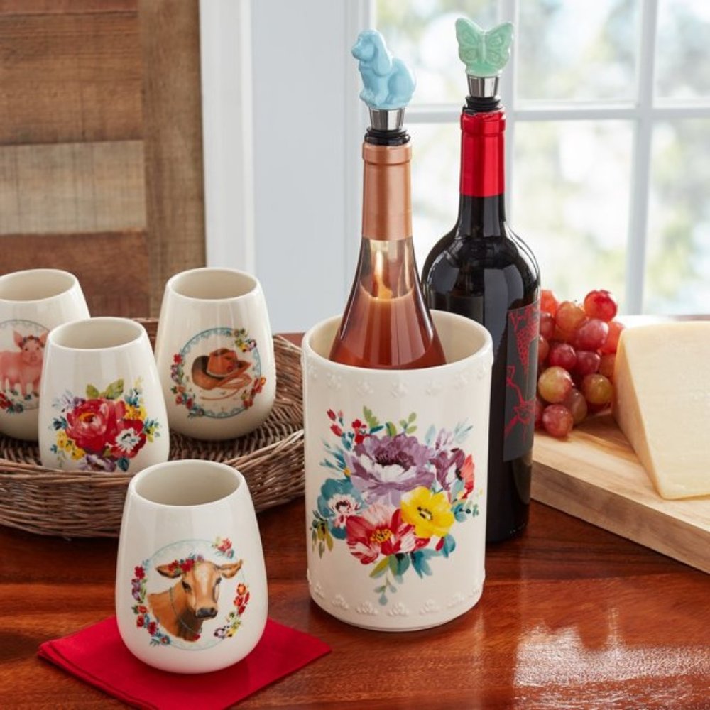 Pioneer Woman Stoneware Wine Set Sweet Rose 7P,Wine Chiller,Bottle Stoppers,Cups